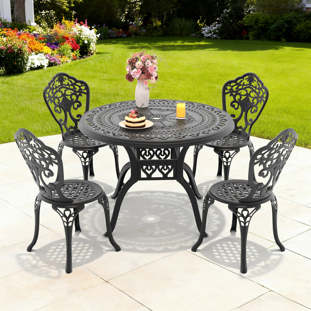 Ø39.37-inch Cast Aluminum Patio Dining Table With Black Frame and Umbrella Hole (same sku: W171084477)