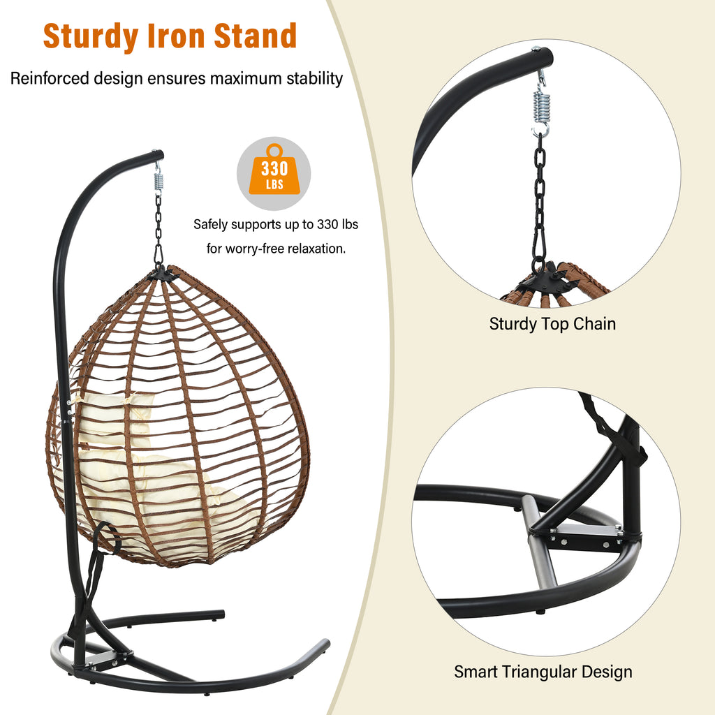 U_STYLE Indoor Outdoor Hanging Hammock Chair with Stand, Foldable Rattan Egg Swing Chair with Iron Frame and Plush Cushion & Removable Headrest,Suitable for Porch Garden,Balcony,Indoor