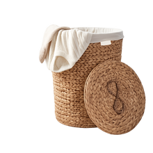 Load image into Gallery viewer, Ludmilla Round Tall Water Hyacinth Woven Wicker Laundry Hamper with Lid - For Clothes, Canvas, Toys and Book Storage with Removable Liner - 15" x 15" x 20" - Natural Brown