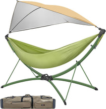 Load image into Gallery viewer, Portable Outdoor/Garden Hammock with Quick-Fold Stand, Adjustable Sunshade, and Storage Bag Adult/Child Hammock Chair Heavy-Duty Hammock Suitable for Camping, Home Gardens, Hotels, Outdoors, Beaches