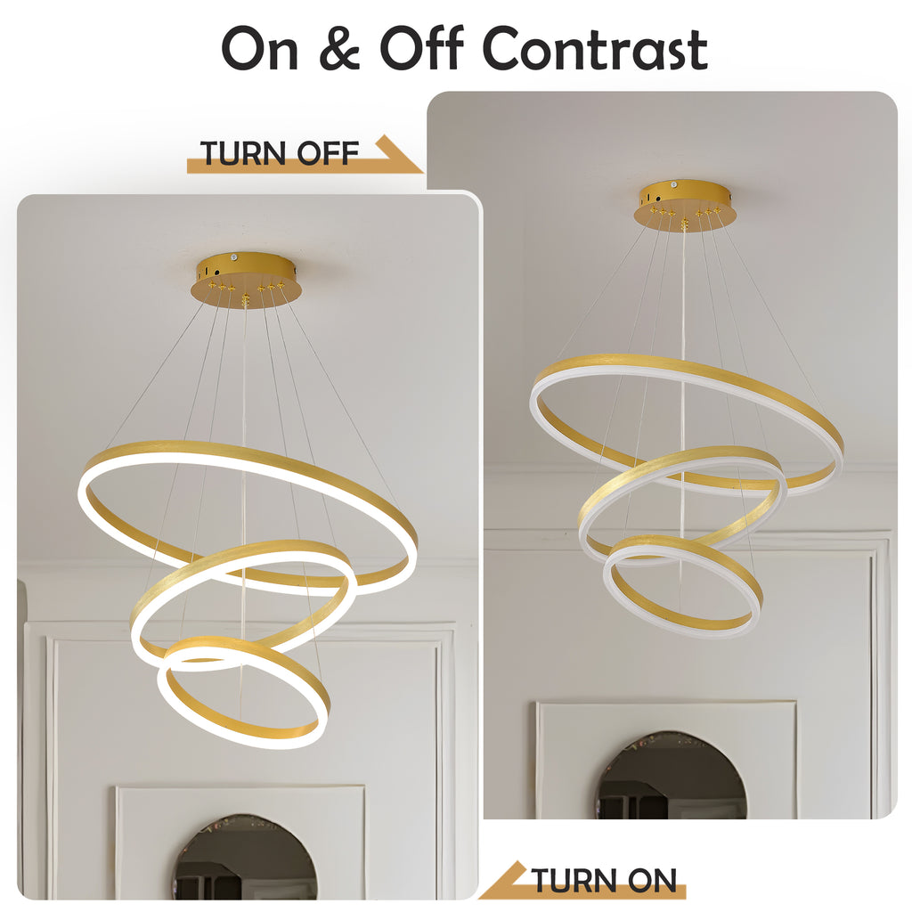Modern Gold Led Chandelier 3 Rings Gold Dimmable  LED Chandeliers Light Fixture for Kitchen Island Height Adjustable Chandelier Led Pendant Light for Dining Room Bedroom Living Room