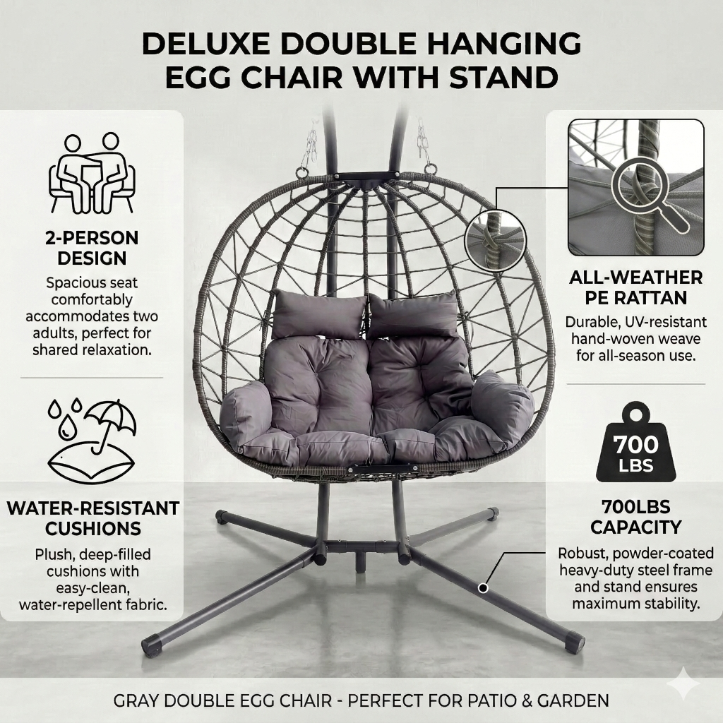 Double Hanging Egg Chair wth Stand, Patio Hammock Swing Chair with Cushion Loveseat for Bedroom, Balcony, Garden, Indoor, Outdoor,(Grey)