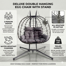 Load image into Gallery viewer, Double Hanging Egg Chair wth Stand, Patio Hammock Swing Chair with Cushion Loveseat for Bedroom, Balcony, Garden, Indoor, Outdoor,(Grey)
