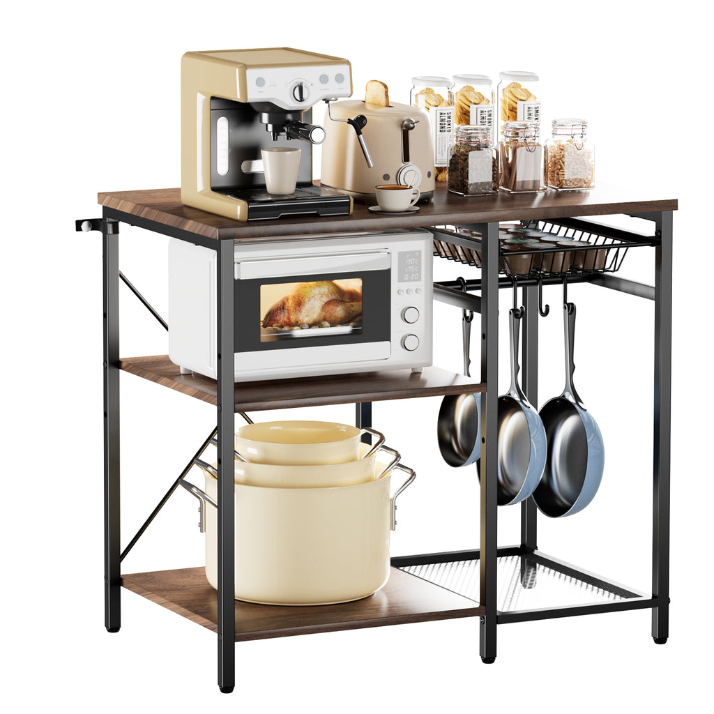 Kitchen Bakers Rack, 35.4 inch Width Bakers Rack, Kitchen Stand with X-Shaped Support Bar, 5 S-Shaped Hooks, Multi-Layer Storage Shelf, Coffee Bar Stand for Dishes & Bowls, Spice Bottles