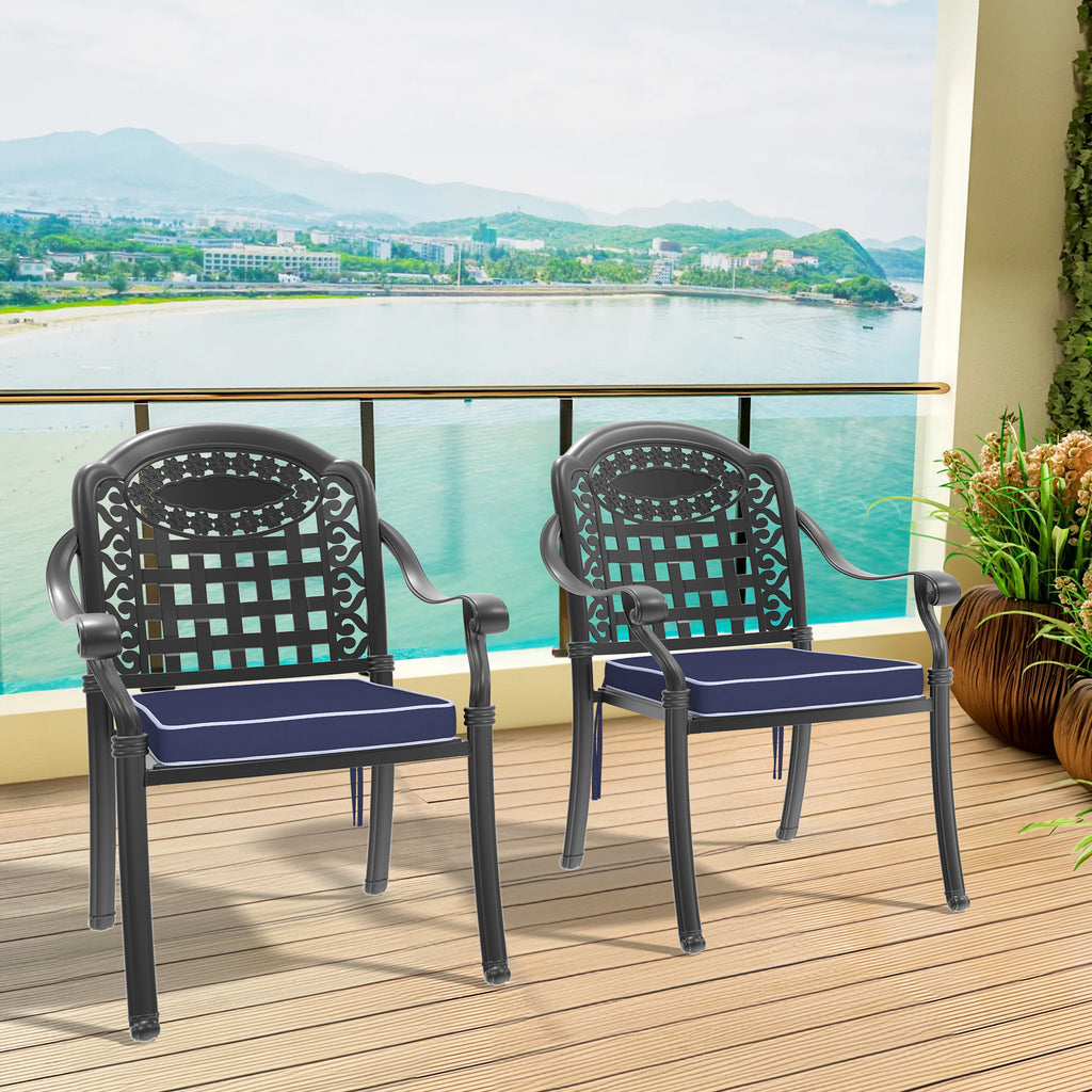 Cast Aluminum Patio Dining Chair 2PCS With Black Frame and Blue Cushions (same sku: W171091759)