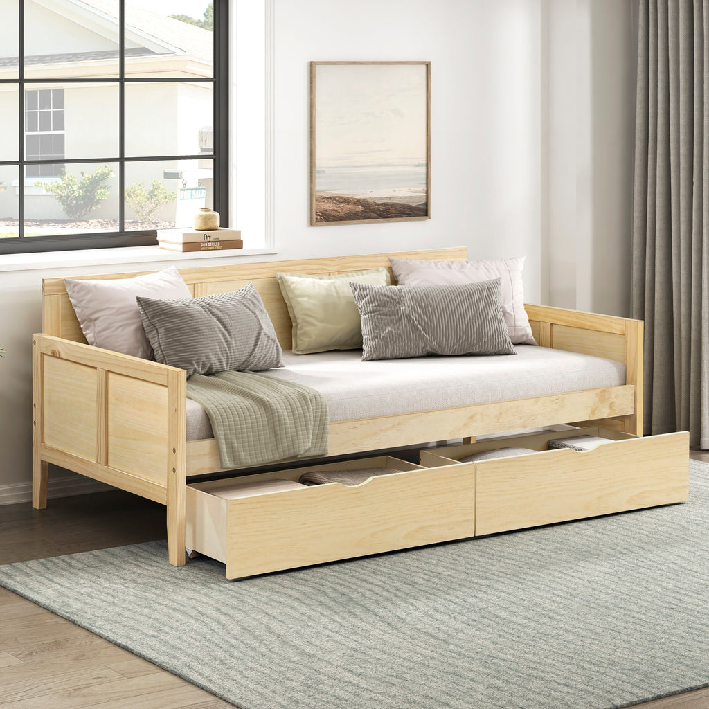 Natural Pine Finish 2pcs Storage Boxes with Caster Wheels Transitional Bedroom Furniture Under-Bed Toy Boxes