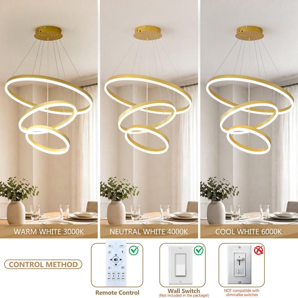 Modern Gold Led Chandelier 3 Rings Gold Dimmable  LED Chandeliers Light Fixture for Kitchen Island Height Adjustable Chandelier Led Pendant Light for Dining Room Bedroom Living Room