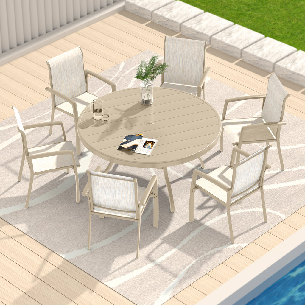 Outdoor Round Patio Dining Table for 6-7, All Weather Metal Dining Table with Umbrella Hole for Deck Lawn Garden Backyard, Sandstone Color