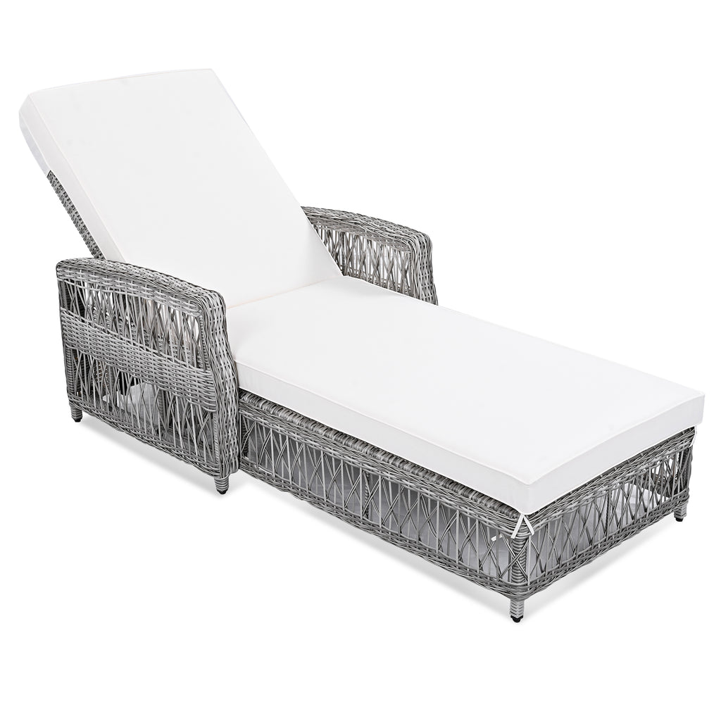 GO Outdoor Long Reclining Chaise, Wicker Lounge with Armrests, Patio Adjustable Recliner with Soft Removable Cushions, All Weather Rattan Pool Lounge for Poolside & Garden, Beige