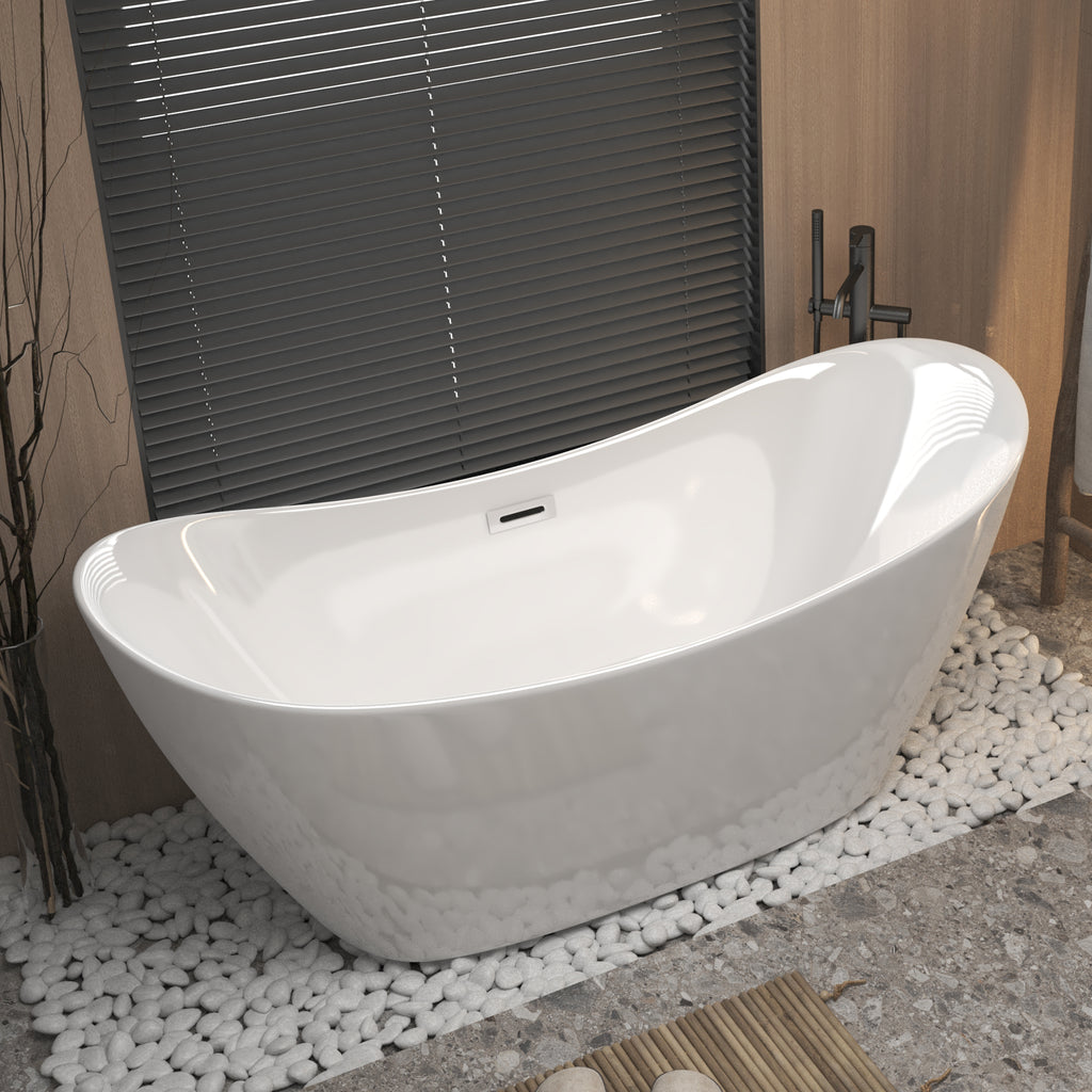 59 "Acrylic freestanding tub, Gloss white,  with chrome overflow and pop-up Drain, CUPC Certified