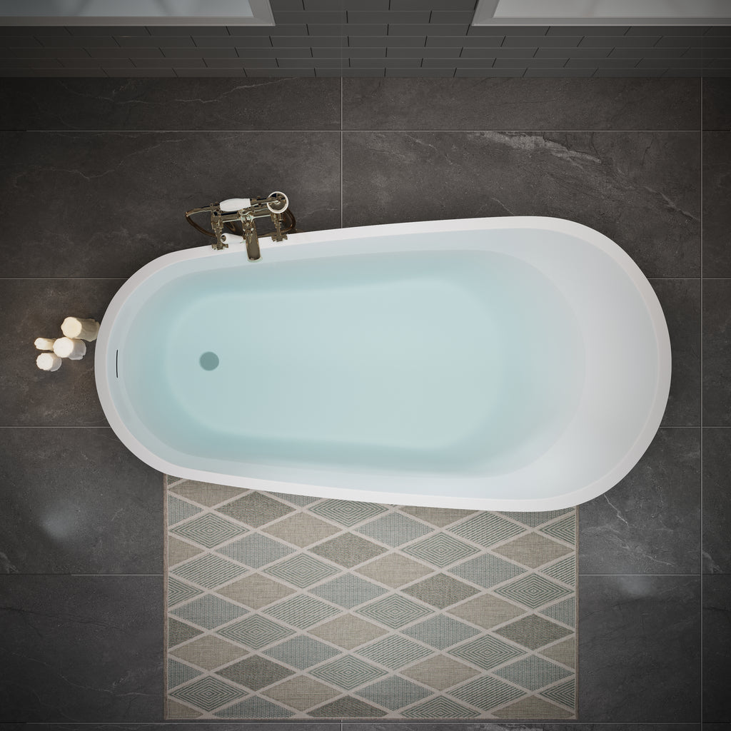 55" Acrylic Freestanding Bathtub, Deep Soaking Contemporary Stand Alone Bath Tub with Pop-up Drain & Integrated Overflow, Chrome-Finish Drain Cover, Glossy White GF-26A04-55