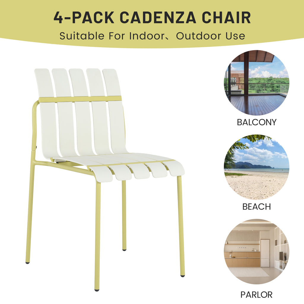Summer - 4-Pack Modern Striped Color Block Chairs - Waterproof PP Seat & Sturdy Metal Legs, Indoor/Outdoor Dining Set for Patio, Balcony, Café (White & Yellow)