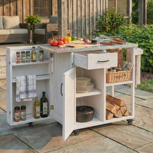 Load image into Gallery viewer, Outdoor Kitchen Island Fir Wood Prep Station Lockable Kitchen Cart with Stainless Top, Ample Storage Space, Towel and Spice Racks for Patio and Outdoor, White