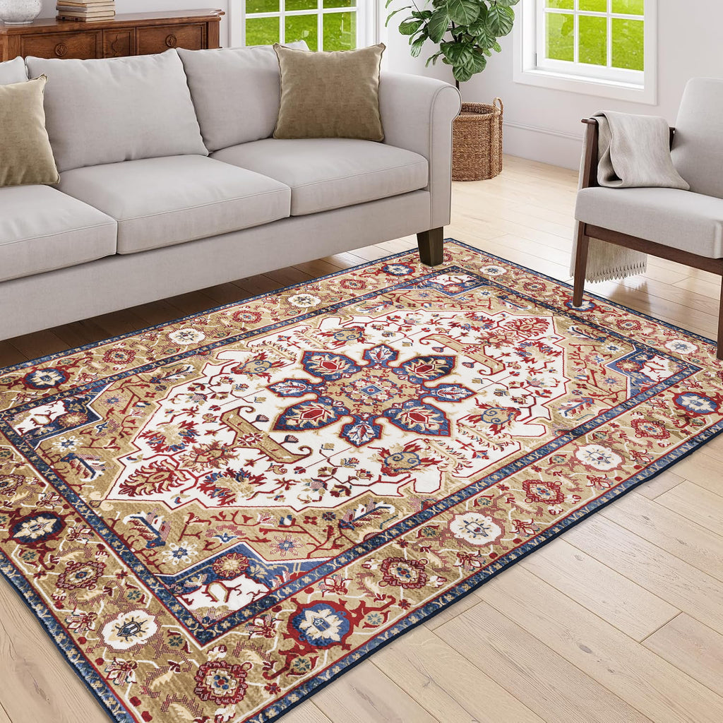 Area Rug 6x9 Vintage Bohemia Large Persian Non-slip Washable Rug For Living Room Kitchen Bedroom Living Room Flower Design Blue/Gold