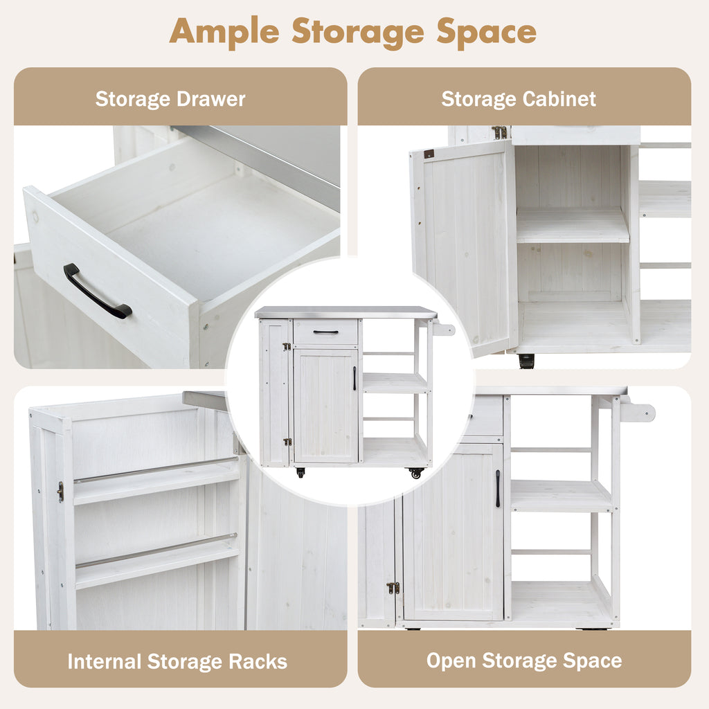 Outdoor Kitchen Island Fir Wood Prep Station Lockable Kitchen Cart with Stainless Top, Ample Storage Space, Towel and Spice Racks for Patio and Outdoor, White