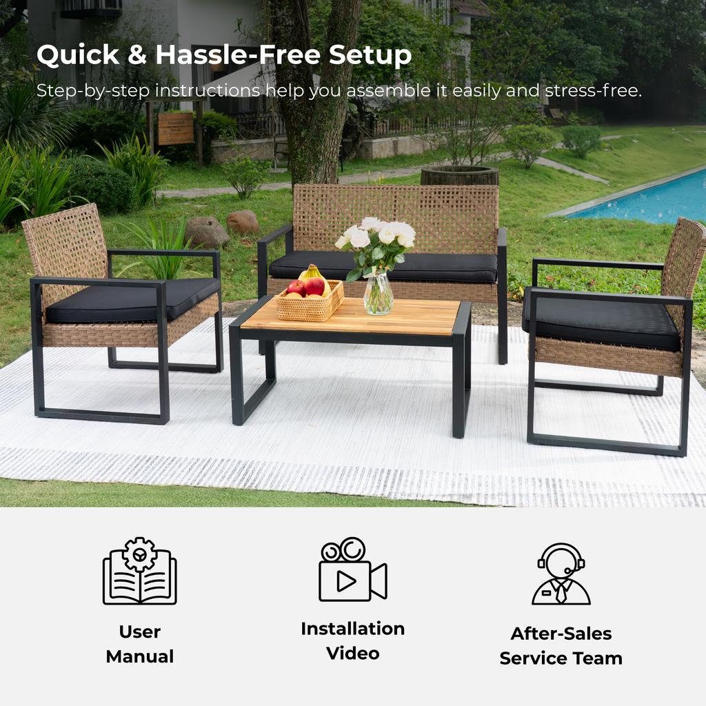 4-Piece Patio Furniture Set Outdoor Balcony Porch Garden Backyard Lawn Furniture Acacia Wood Table Top, Morden Black and Light Brown