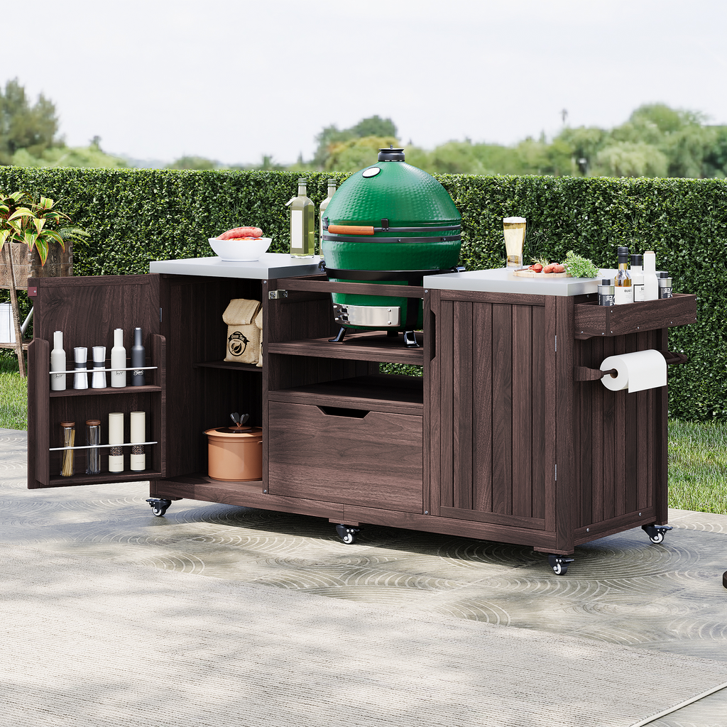 K&K 66.5" Outdoor Kitchen Island for Big Green Egg Grills, Solid Wood Outdoor Grill Cart for Tabletop Grill with Stainless Steel Top, Drawer, Compatible with Large Big Green Egg, Kamado Joe- Grey Blue