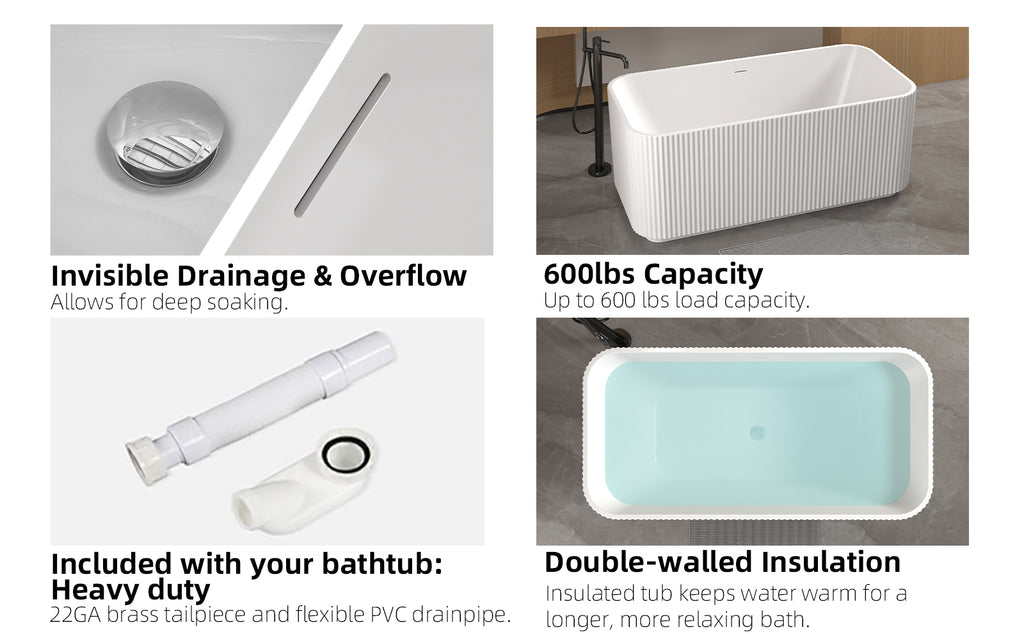 59"Rectangle Linear Acrylic Freestanding Bathtub Stand Alone Soaker Tub, Glossy White Acrylic, POP-UP Chrome Drain, cUPC Certified,