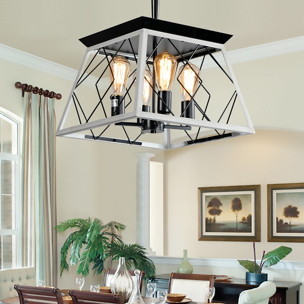 16" Black Industrial 4-Light Pendant Chandelier, Modern Metal Cage Design, Adjustable Hanging Light for Dining Room, Kitchen, Living Room (No Bulbs)