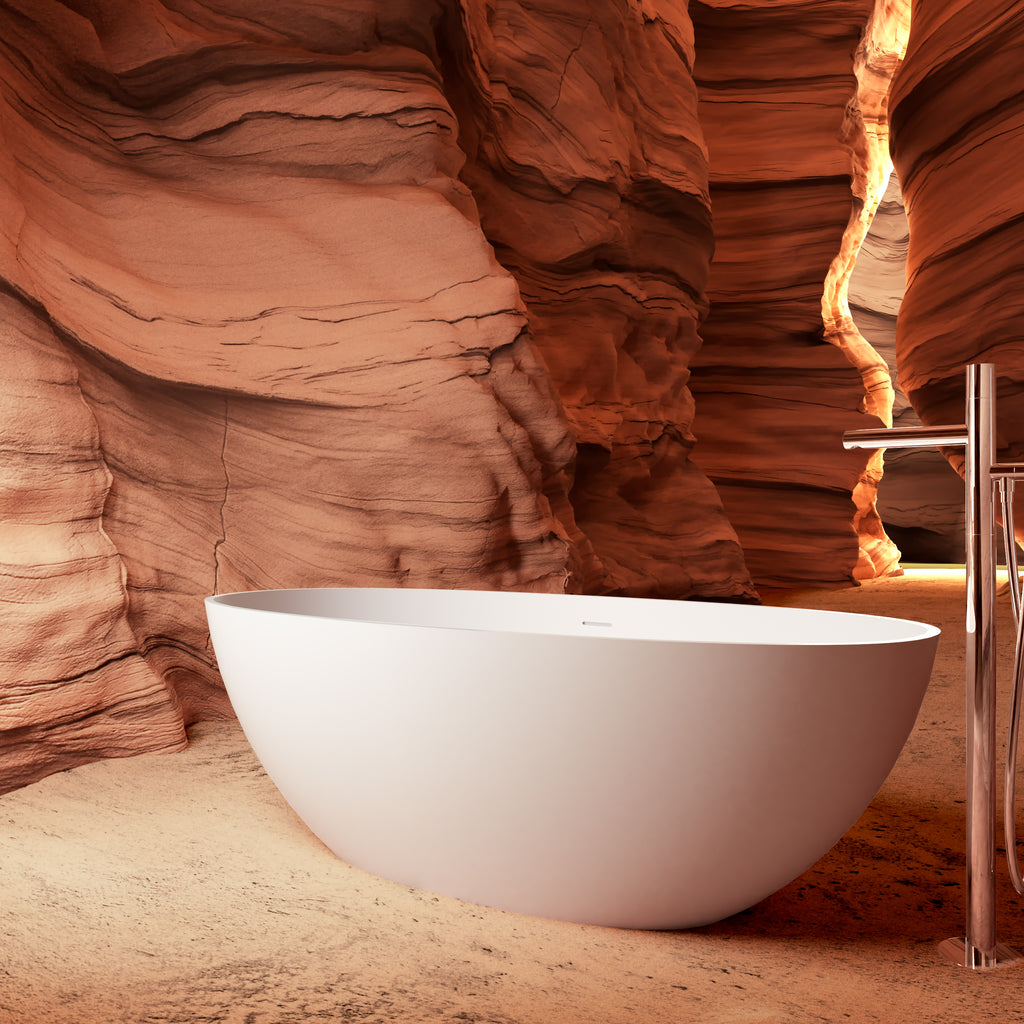 65" Freestanding Solid Surface Bathtub, Luxury Handcrafted Stone Resin Freestanding Soaking Bathtub with Overflow and Pop-up Drain, Matte White 24S06-65MW