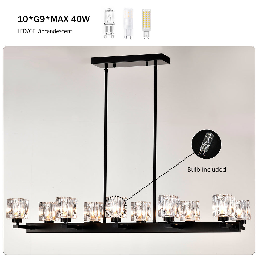Chandelier for Dining Room, 10-Light Black Farmhouse Linear Pendant Light Fixture, Modern Crystal Hanging Lighting Chandelier for Kitchen Island, Bar, Long Table, G9 Bulb(10*G9*MAX 40W)