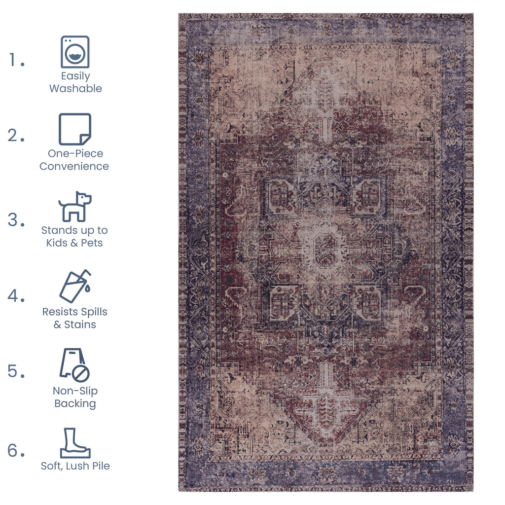 MAVAL Burgundy Washable Rug 2'6'' x 10' Runner Rug (Burgundy, 2'6'' x 10') Modern, Contemporary, Non-Shedding & Easy to Clean, Ideal for Living Room, Bedroom, Dining Space, 120*30 inch