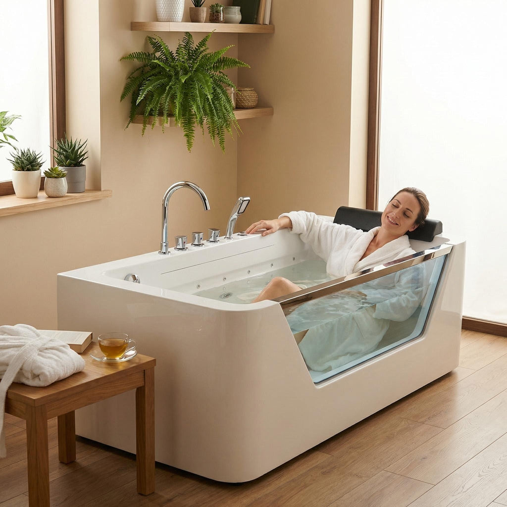 67" Whirlpool Bathtub ,Hydrotherapy Jetted Bathtub with Glass Panel, 7 Jets,3-Side Apron,89 Gallons,White