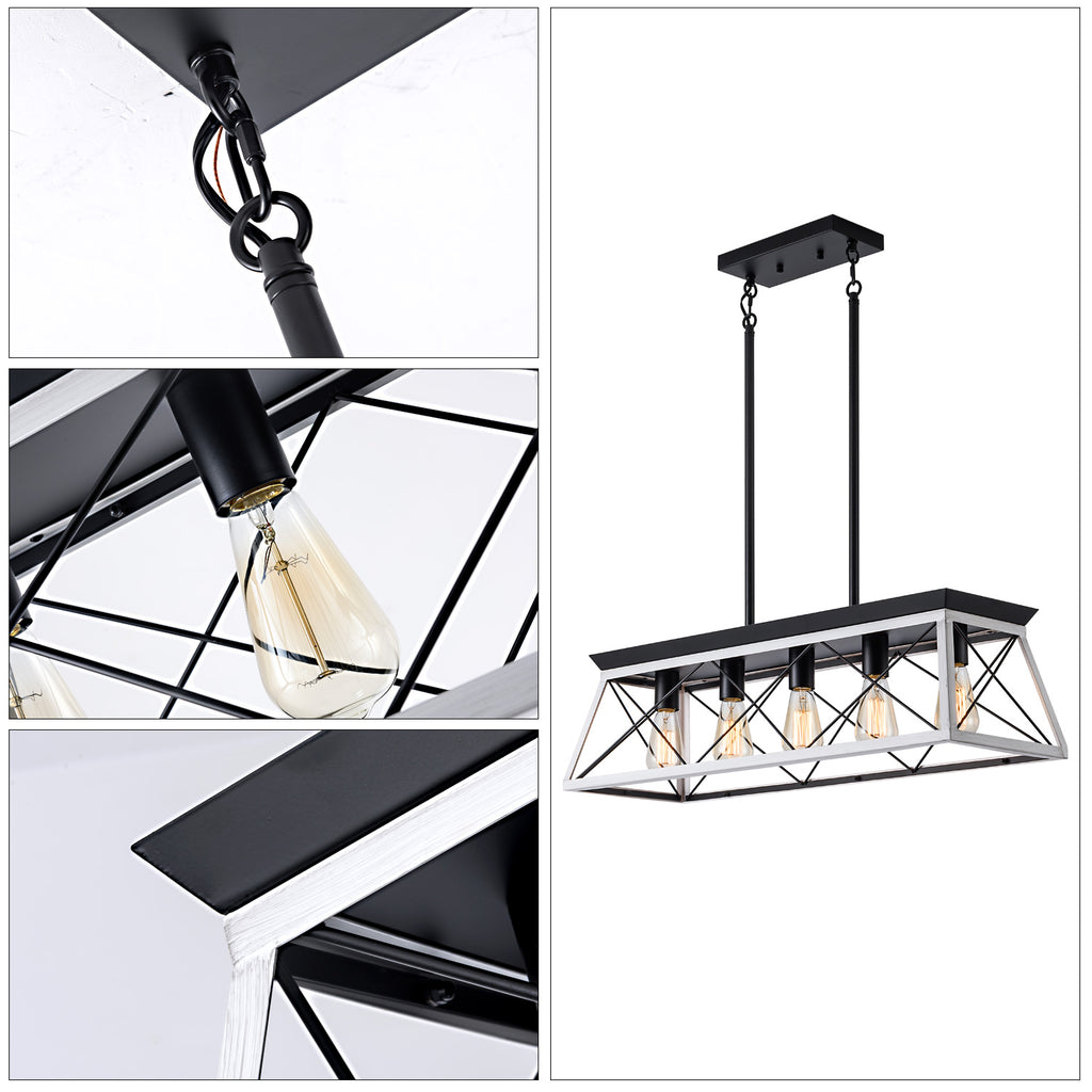 (Same as W134065438/L1001) 32" Black White Industrial 5-Light Pendant Chandelier, Modern Metal Cage Design, Adjustable Hanging Light for Dining Room, Kitchen, Living Room (No Bulbs)