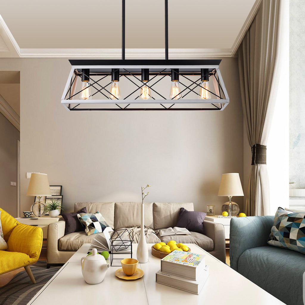 (Same as W134065438/L1001) 32" Black White Industrial 5-Light Pendant Chandelier, Modern Metal Cage Design, Adjustable Hanging Light for Dining Room, Kitchen, Living Room (No Bulbs)