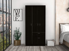 Load image into Gallery viewer, Primavera Armoire, Double Door Cabinets, One Drawer, Metal Rod, Five Shelves -Black / White