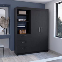 Load image into Gallery viewer, Kenya 3 Drawers Armoire, Double Door, 3-Tier Shelf -Black