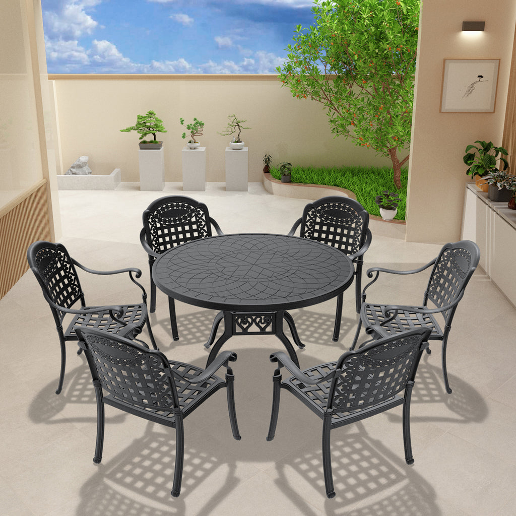 Ø47.24-inch Cast Aluminum Patio Dining Table With Black Frame and Carved Texture on the Tabletop (same sku: W171084479)