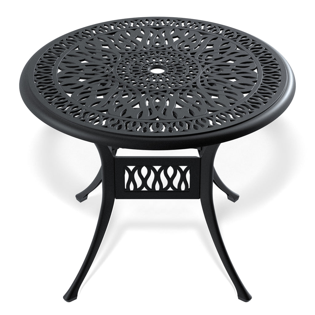 Ø35.43-inch Cast Aluminum Patio Dining Table With Black Frame and Umbrella Hole (same sku: W171084475,W1710P497717)