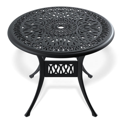 Ø35.43-inch Cast Aluminum Patio Dining Table With Black Frame and Umbrella Hole (same sku: W171084475,W1710P497717)