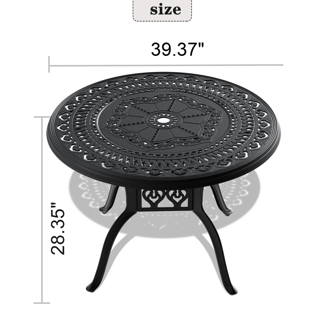 Ø39.37-inch Cast Aluminum Patio Dining Table With Black Frame and Umbrella Hole (same sku: W171084477)