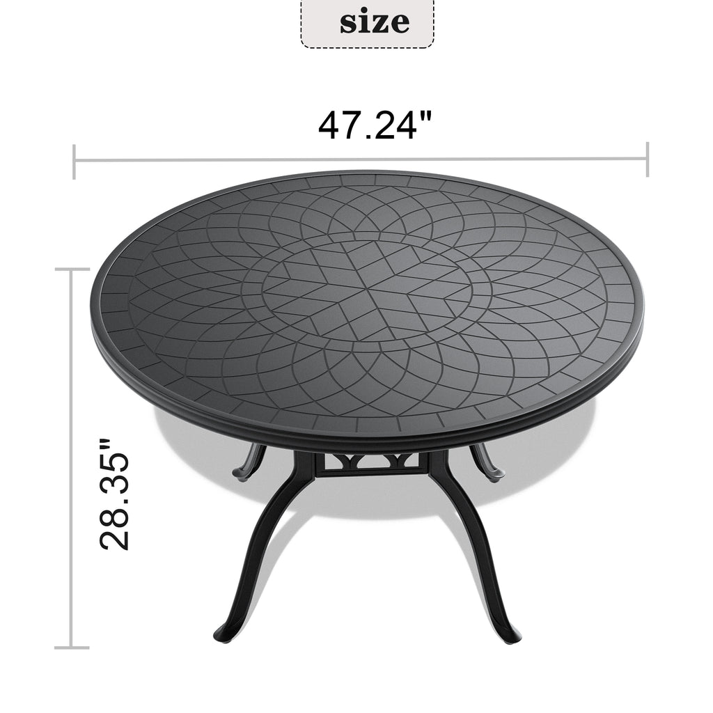 Ø47.24-inch Cast Aluminum Patio Dining Table With Black Frame and Carved Texture on the Tabletop (same sku: W171084479)