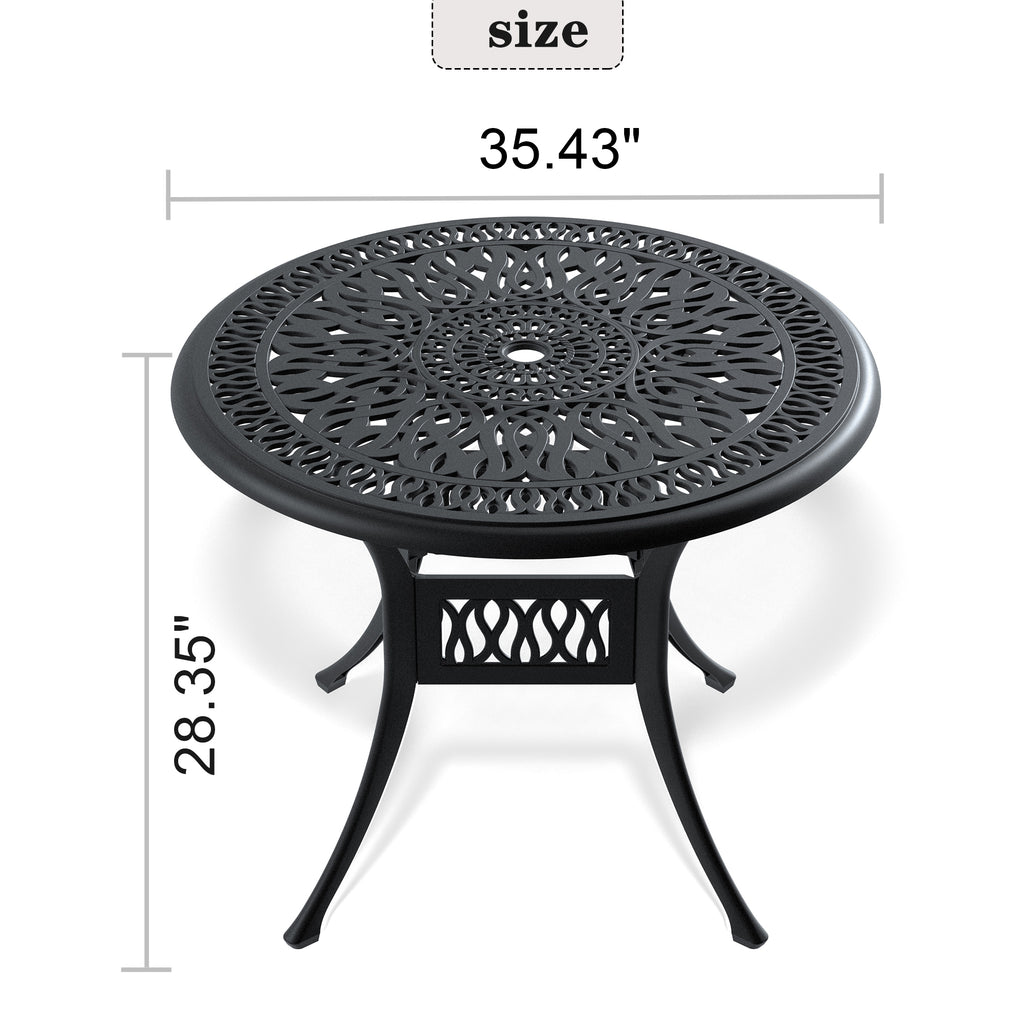 Ø35.43-inch Cast Aluminum Patio Dining Table With Black Frame and Umbrella Hole (same sku: W171084475,W1710P497717)
