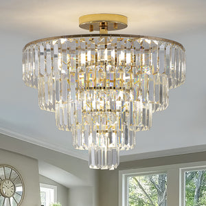 Gold Crystal Chandeliers,5-Tier Round Semi Flush Mount Chandelier Light Fixture,Large Contemporary Luxury Ceiling Lighting for Living Room Dining Room Bedroom Hallway