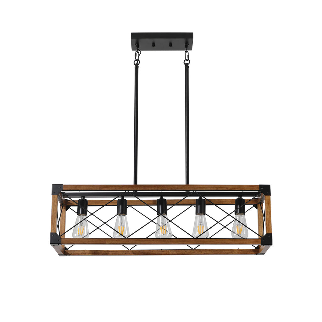 (Same as W1340111207/L1011) 32" Walnut Industrial Farmhouse Rectangle Pendant Light, 5-Light Chandelier for Dining Room, Kitchen Island, Cafe Decor (No Bulbs)