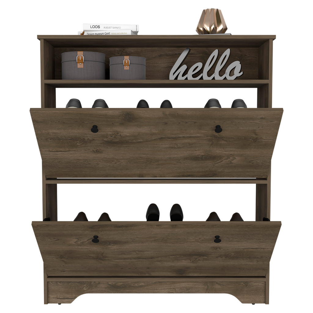 Calgary Shoe Rack, Superior Top, One Open Shelf, Two Extendable Shelves -Dark Brown