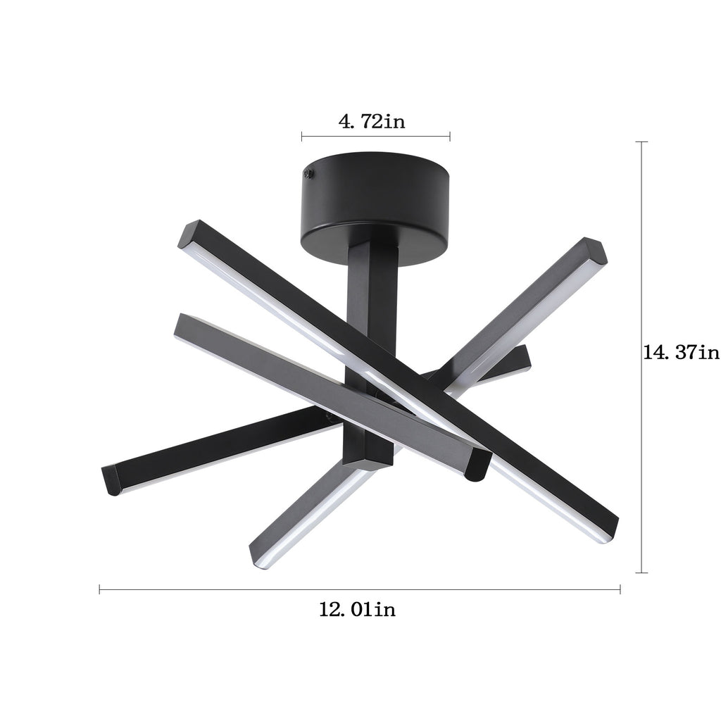 12 Inch Modern LED Ceiling Light, Geometric Starburst Design with Black Finish for Living Room, Bedroom, and Hallways