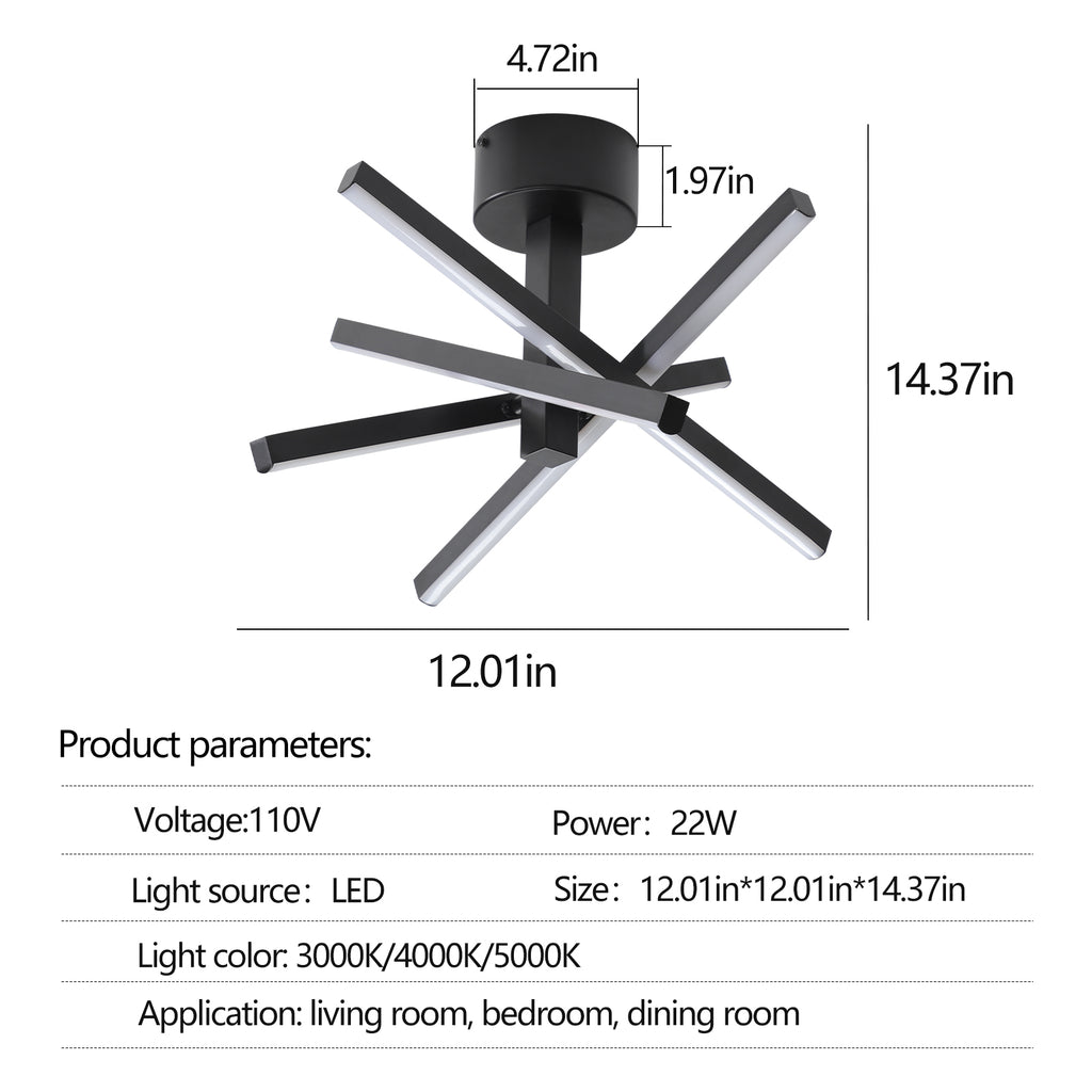 12 Inch Modern LED Ceiling Light, Geometric Starburst Design with Black Finish for Living Room, Bedroom, and Hallways