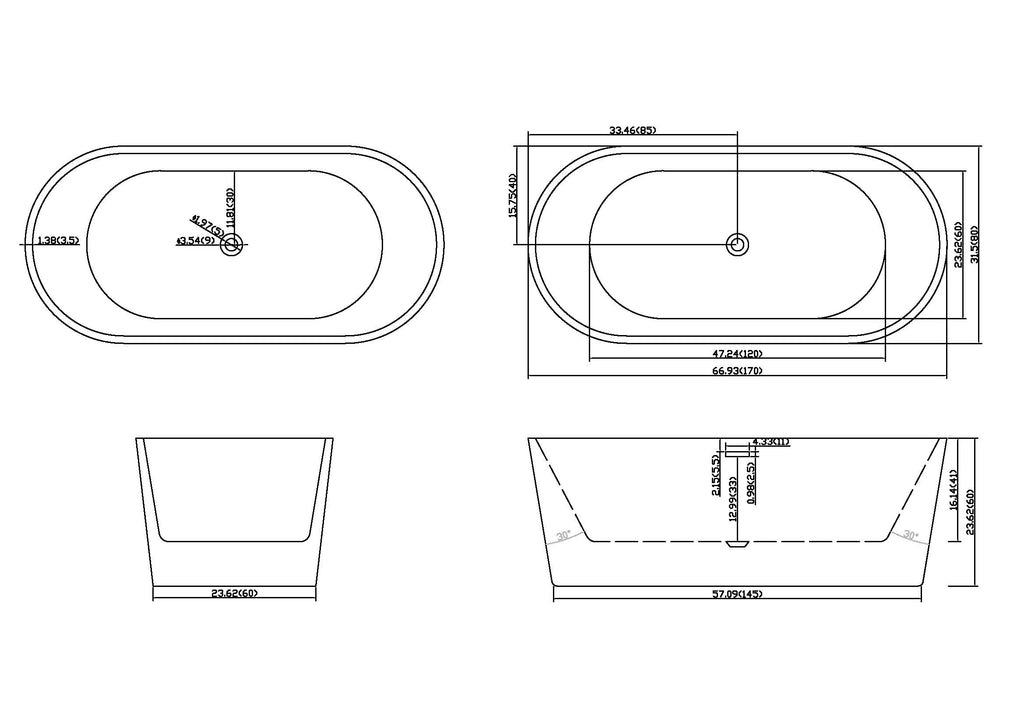 67" Acrylic Freestanding Bathtub, stand alone bathroom tub, Glossy White, Toe-tap Chrome Drain, cUPC Certified