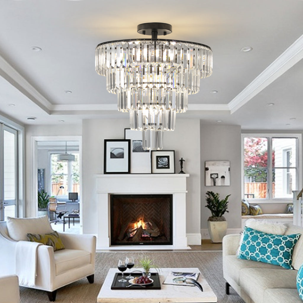 Gold Crystal Chandeliers,5-Tier Round Semi Flush Mount Chandelier Light Fixture,Large Contemporary Luxury Ceiling Lighting for Living Room Dining Room Bedroom Hallway