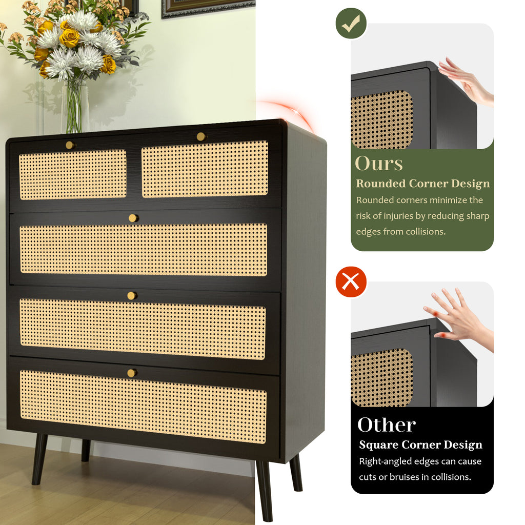 4 Drawer Dresser, Modern Rattan Dresser Chest with Wide Drawers and Metal Handles, Farmhouse Wood Storage Chest of Drawers for Bedroom, Living Room, Hallway, Entryway
