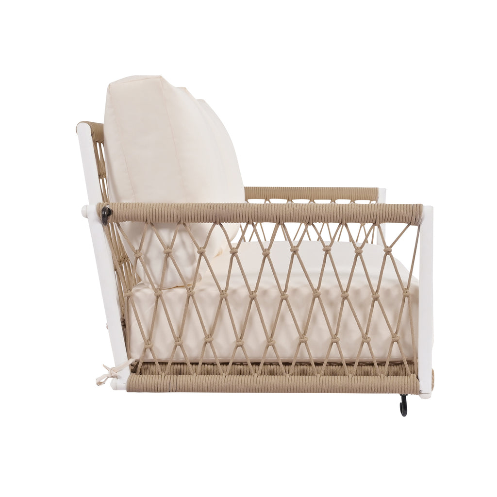 TREXM 1-Piece Woven Rope Outdoor Swing Sofa with Soft Cushions Seating 2 for Patio, Courtyard and Balcony (Beige)