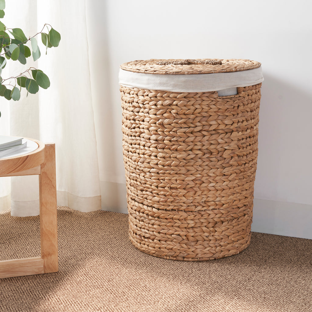 Ludmilla Round Tall Water Hyacinth Woven Wicker Laundry Hamper with Lid - For Clothes, Canvas, Toys and Book Storage with Removable Liner - 15" x 15" x 20" - Natural Brown