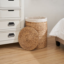 Load image into Gallery viewer, Ludmilla Round Tall Water Hyacinth Woven Wicker Laundry Hamper with Lid - For Clothes, Canvas, Toys and Book Storage with Removable Liner - 15" x 15" x 20" - Natural Brown