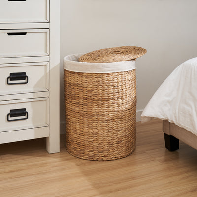Ludmilla Round Tall Water Hyacinth Woven Wicker Laundry Hamper with Lid - For Clothes, Canvas, Toys and Book Storage with Removable Liner - 15