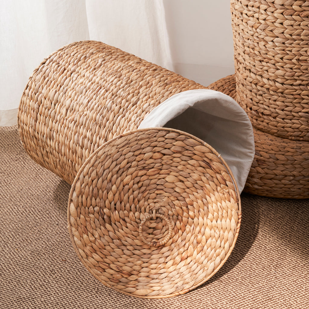 Ludmilla Round Tall Water Hyacinth Woven Wicker Laundry Hamper with Lid - For Clothes, Canvas, Toys and Book Storage with Removable Liner - 15" x 15" x 20" - Natural Brown